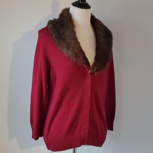 Jones New York burgundy faux fur cardigan sweater